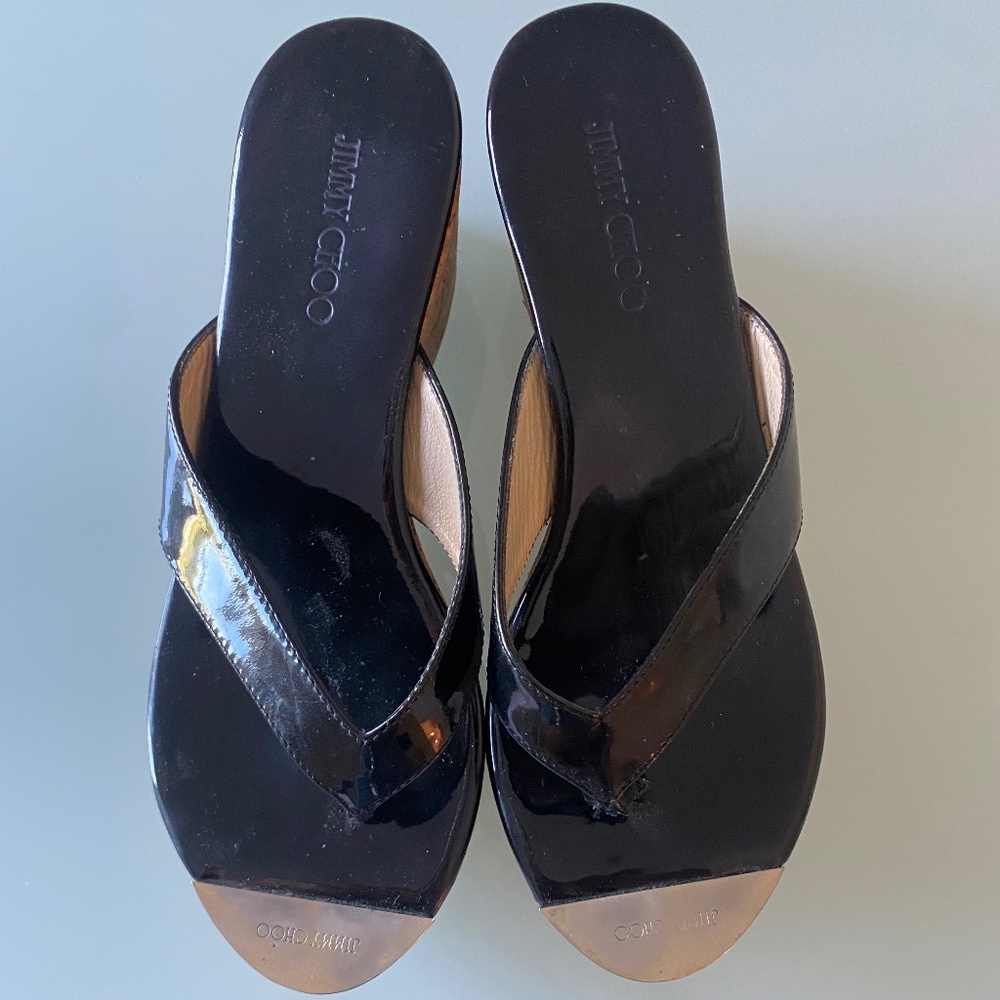 VINTAGE Jimmy Choo Patten Leather and Cork wedges with gold hardware accent